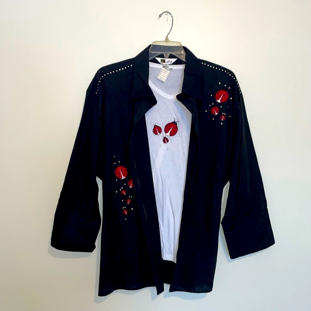 John A | Ladybug Rhinestone Button Down Black Shirt and Undershirt Set